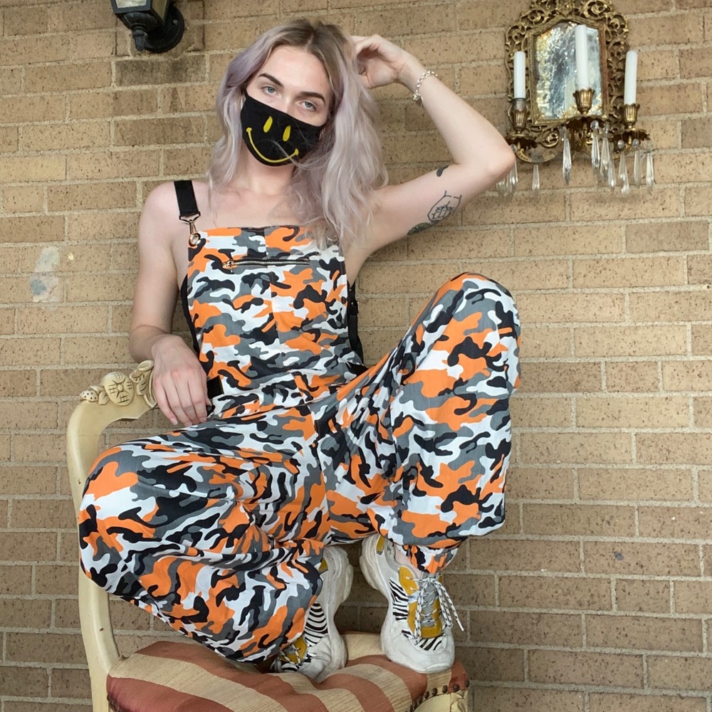 Fashion Nova Camo Overalls Jumpsuit Orange